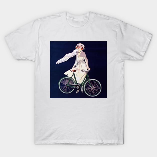 Woman in White Dress with Bicycle 1912 France T-Shirt by rocketshipretro